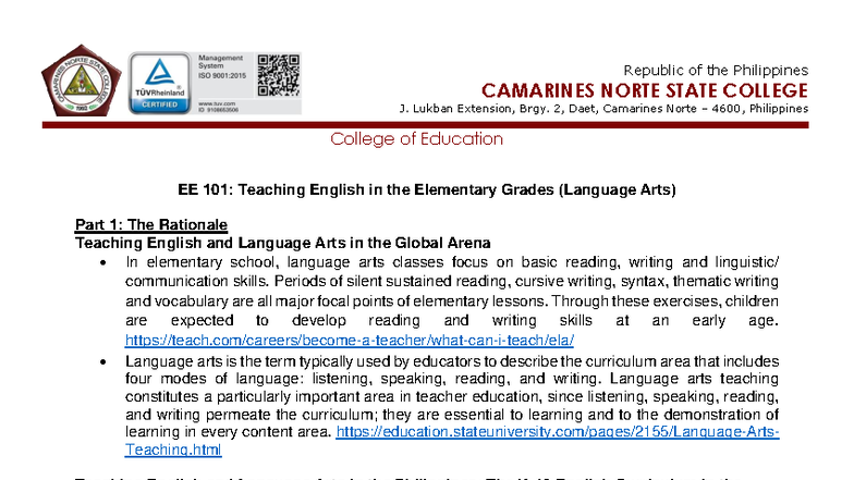 EE 101: Teaching English & Language Arts in Elementary Grades - Studocu