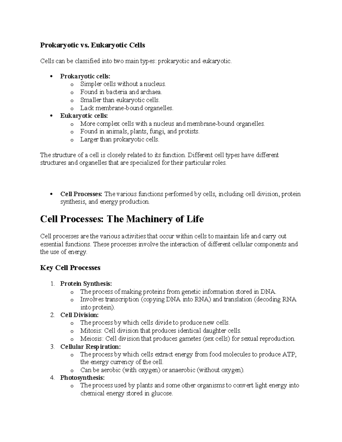 BIOL 101: Prokaryotic vs. Eukaryotic Cells and Key Cell Processes - Studocu