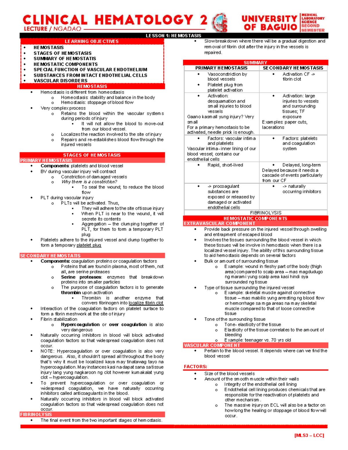 Hematology 2: Compiled Notes for Prelims and Finals on Hemostasis and ...