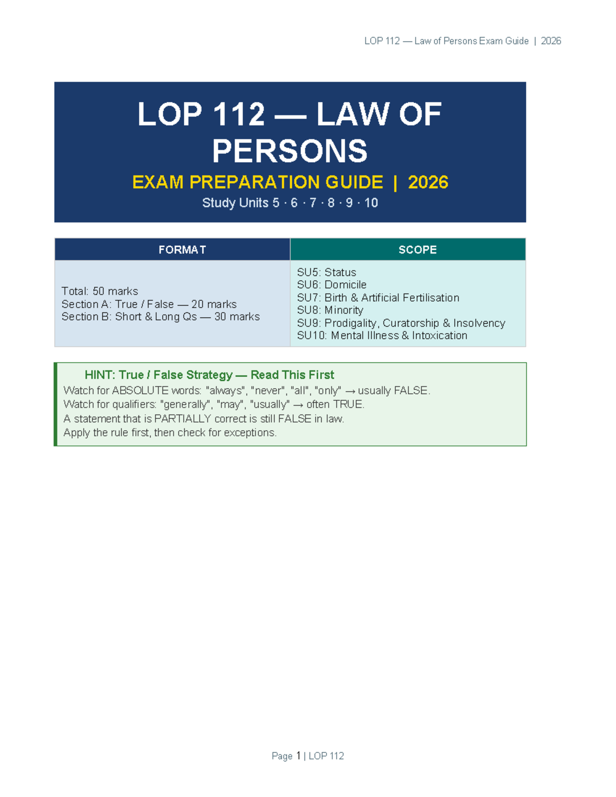 LOP 112 Law of Persons Exam Preparation Guide 2026: Study Notes ...