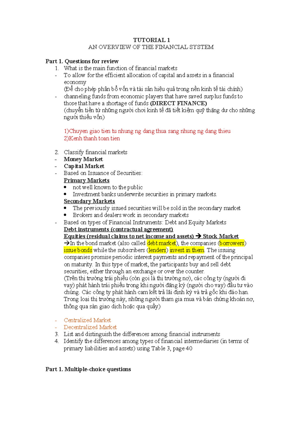 Financial System Overview: Tute 1 Review Questions and Analysis - Studocu
