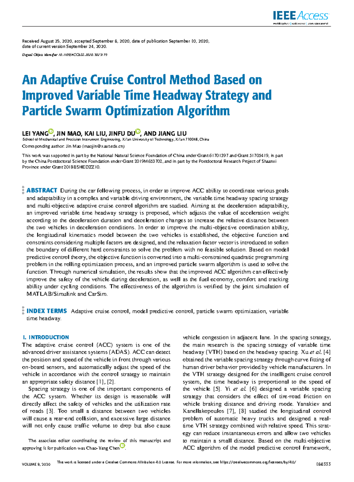 Adaptive Cruise Control Method: Improved VTH Strategy & PSO Algorithm ...