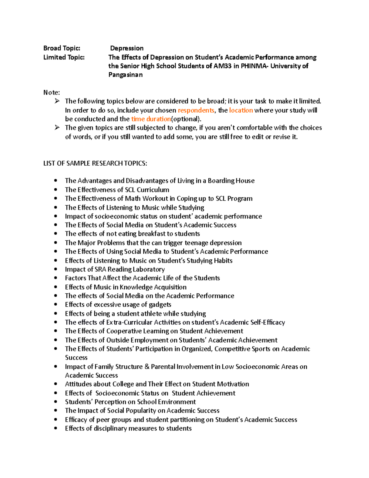 List of Research Topics - Broad Topic: Depression Limited Topic: The ...