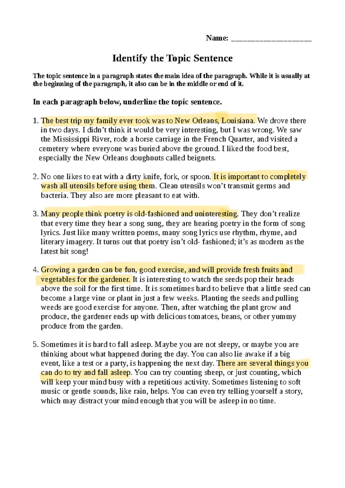 Identify the Topic Sentence: Student Copy Guide - Studocu