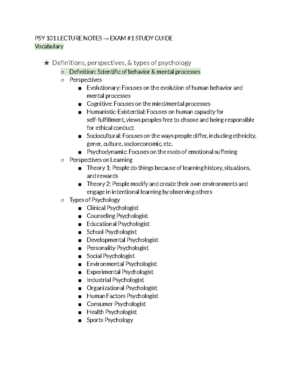 PSY 101 Lecture Notes for Exam #1: Comprehensive Study Guide - Studocu