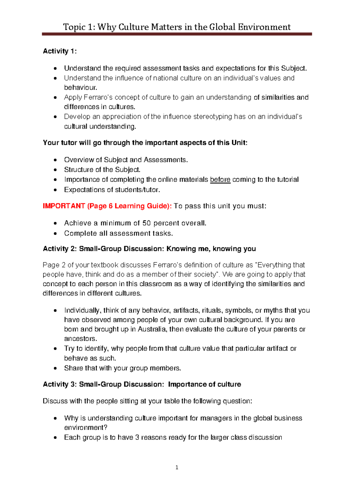 Week 1-MGE Topic 1: The Importance of Culture in Global Business - Studocu