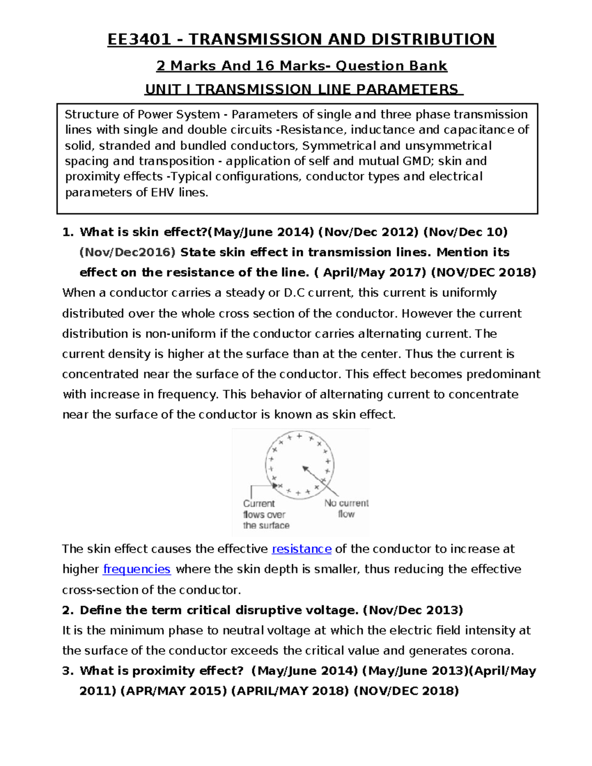 EE8402 Transmission AND Distribution 2 M - EE3401 - TRANSMISSION AND ...