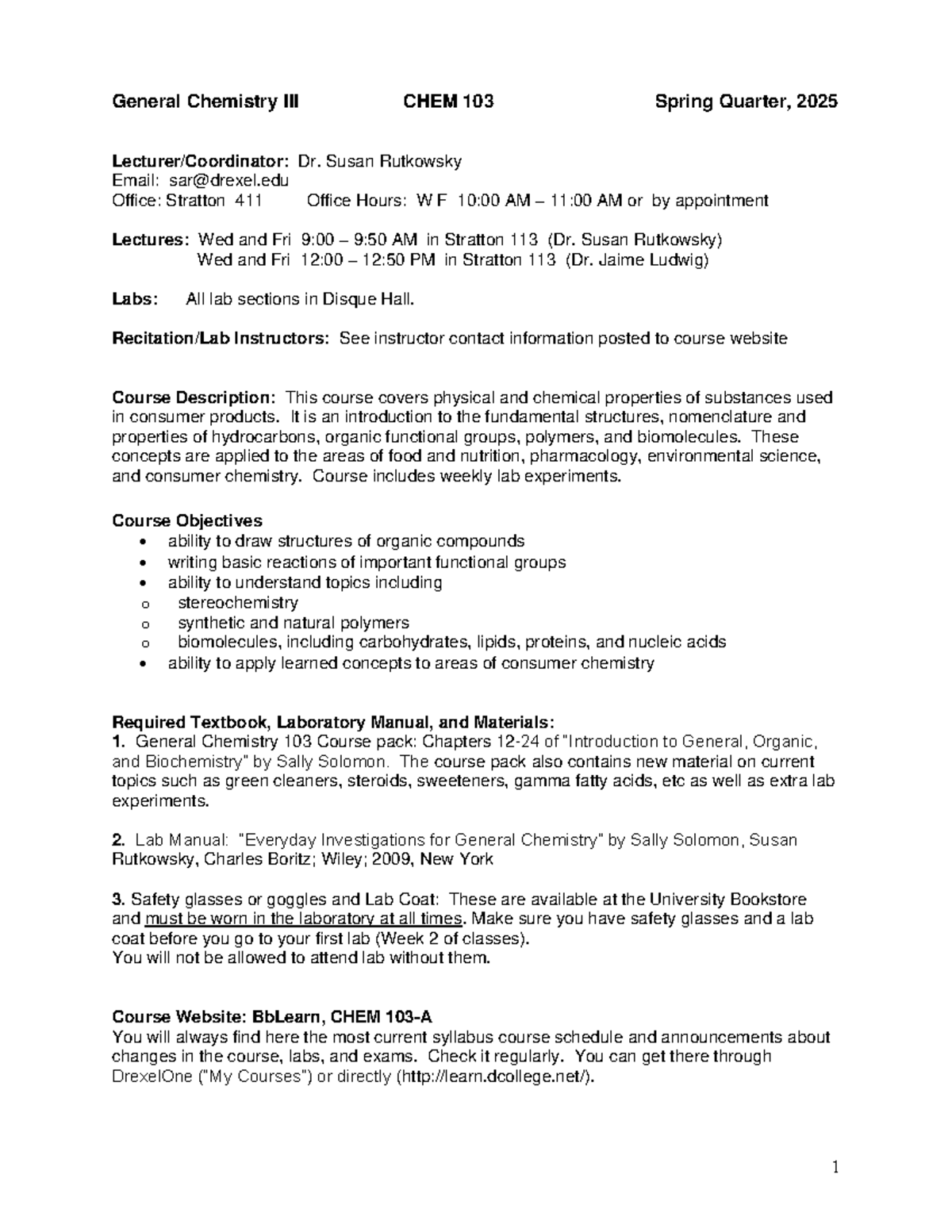 General Chemistry Syllabus CHEM 103 Spring 2025 - Dr. Rutkowsky - Studocu
