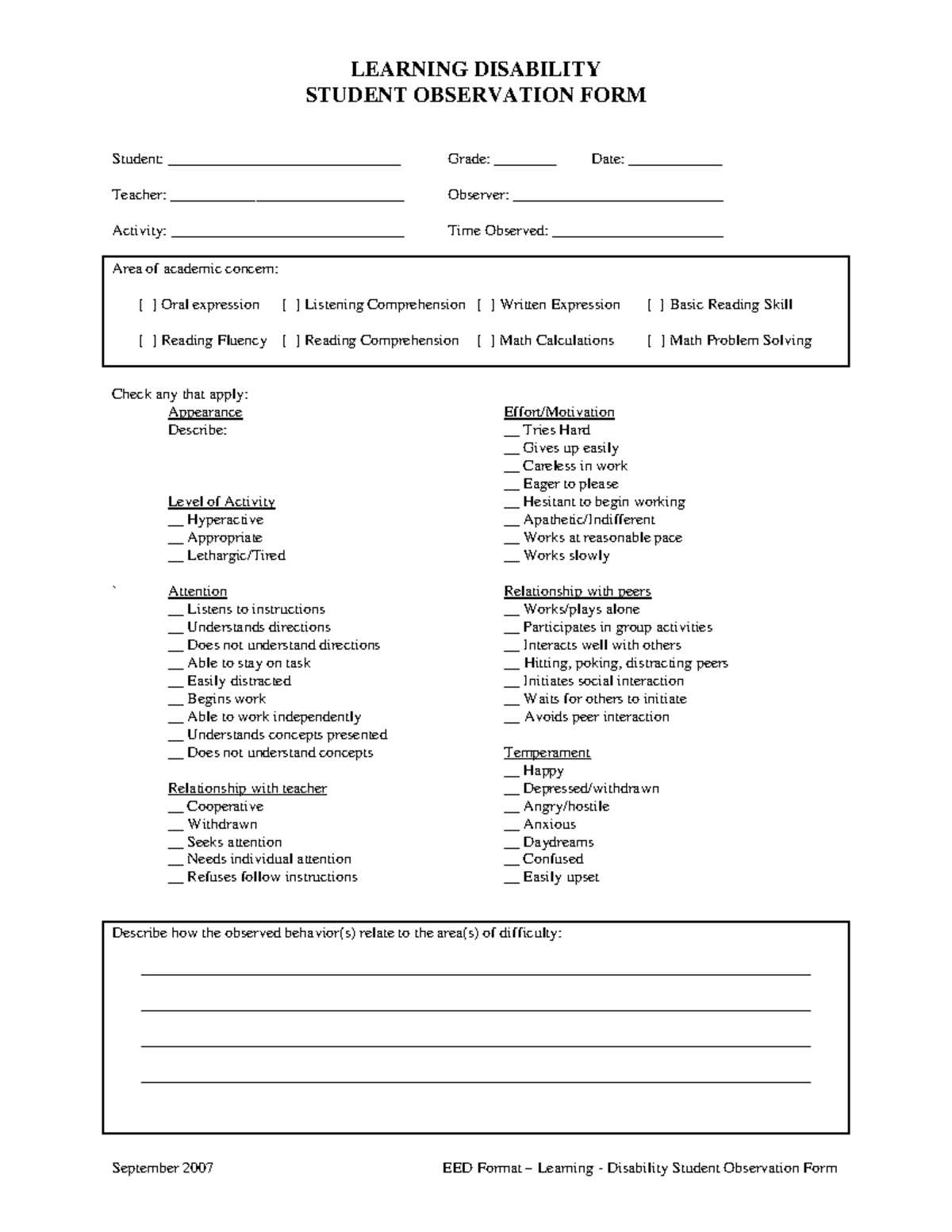 EED Learning Disability Student Observation Form - September 2007 - Studocu