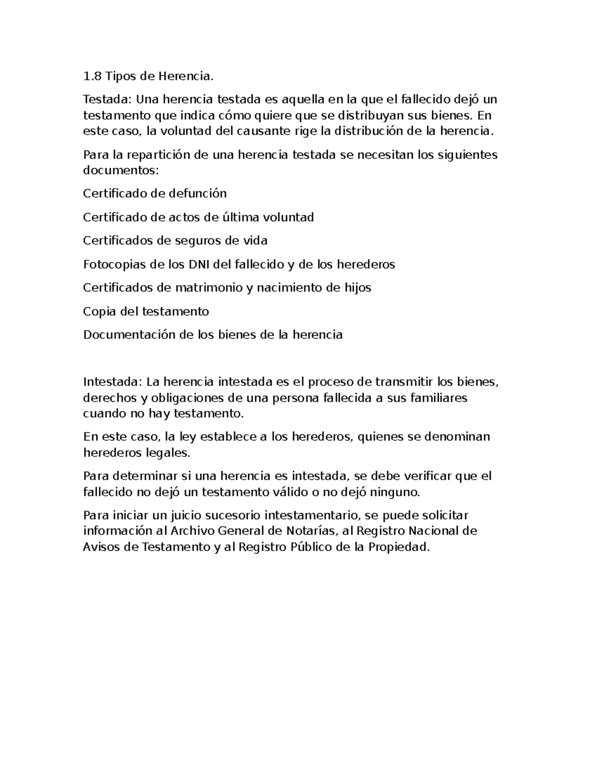 Tipos de Herencia: Testada e Intestada - Apunte - Studocu