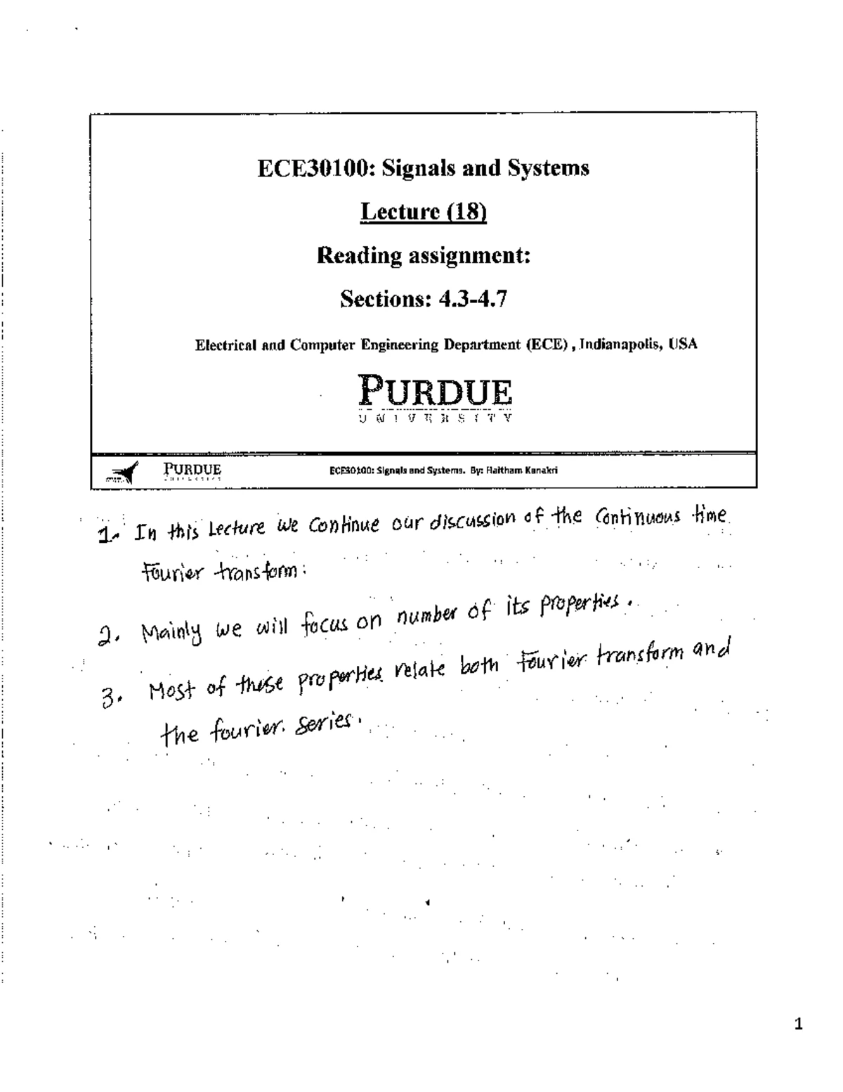 ECE30100: Signals and Systems Lecture Notes on Fourier Series and LTI ...