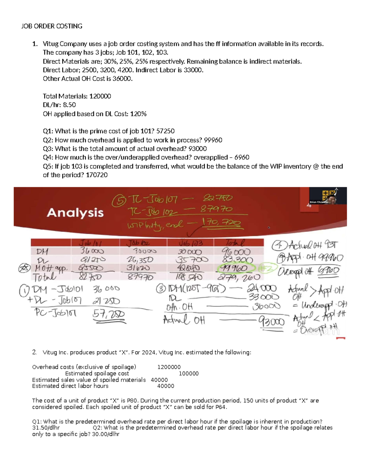 JOB ORDER COSTING (ACC 101) - Analysis of Vitug Company Jobs - Studocu