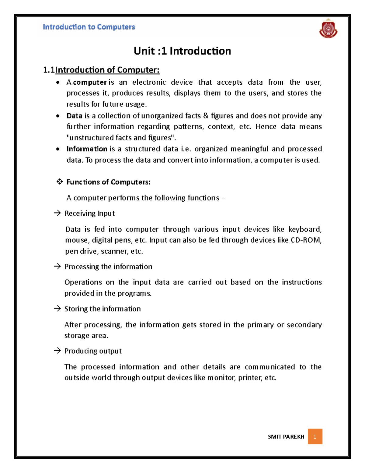 Unit 1: Introduction to Computers - IC Course Notes - Studocu