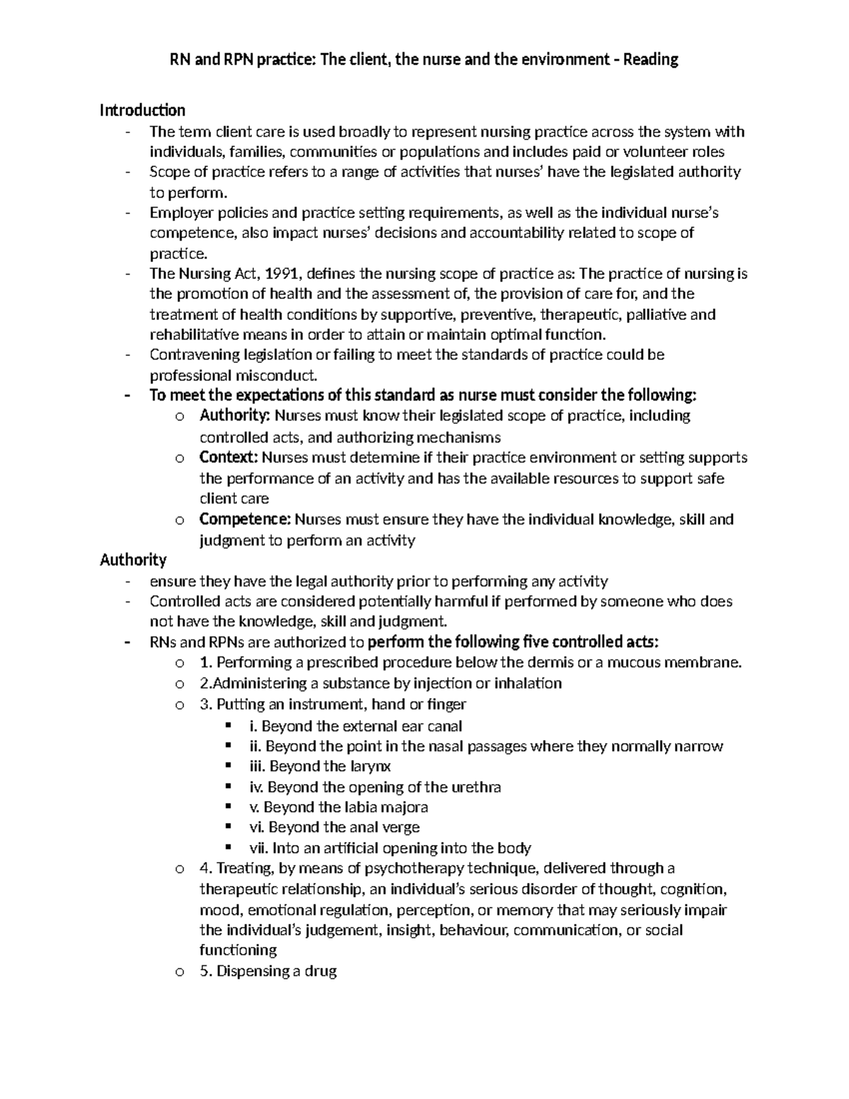 RN and RPN practice- The client, the nurse and the environment Reading ...