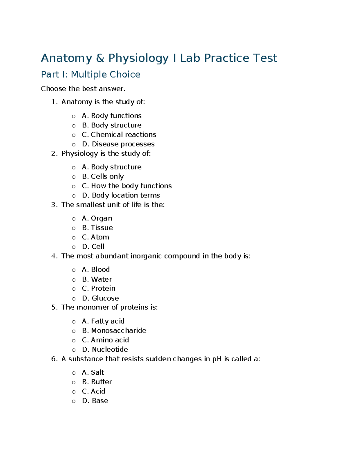 AP1 Anatomy & Physiology Lab Practice Test: Multiple Choice & Short ...