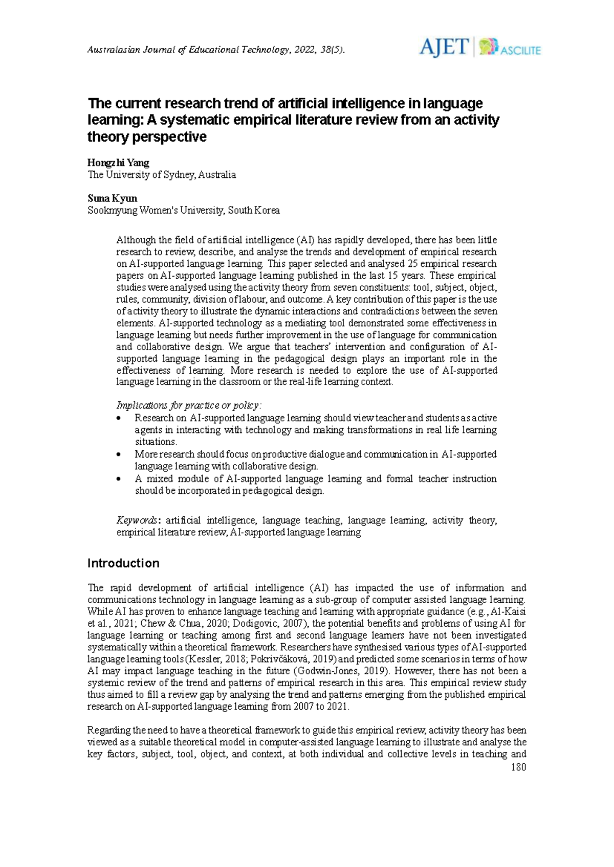 AI in Language Learning: Trends and Activity Theory Insights (EDUC 2022 ...