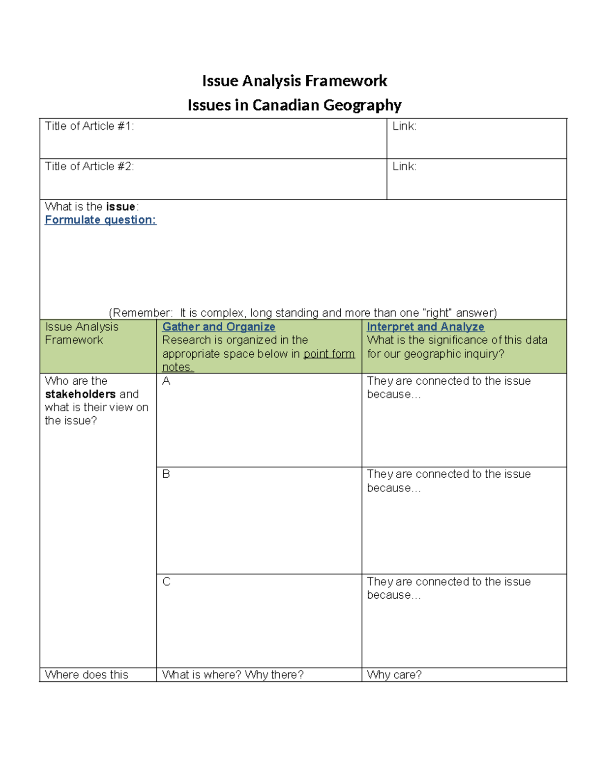 GEO 101: Issue Analysis Framework in Canadian Geography - Studocu