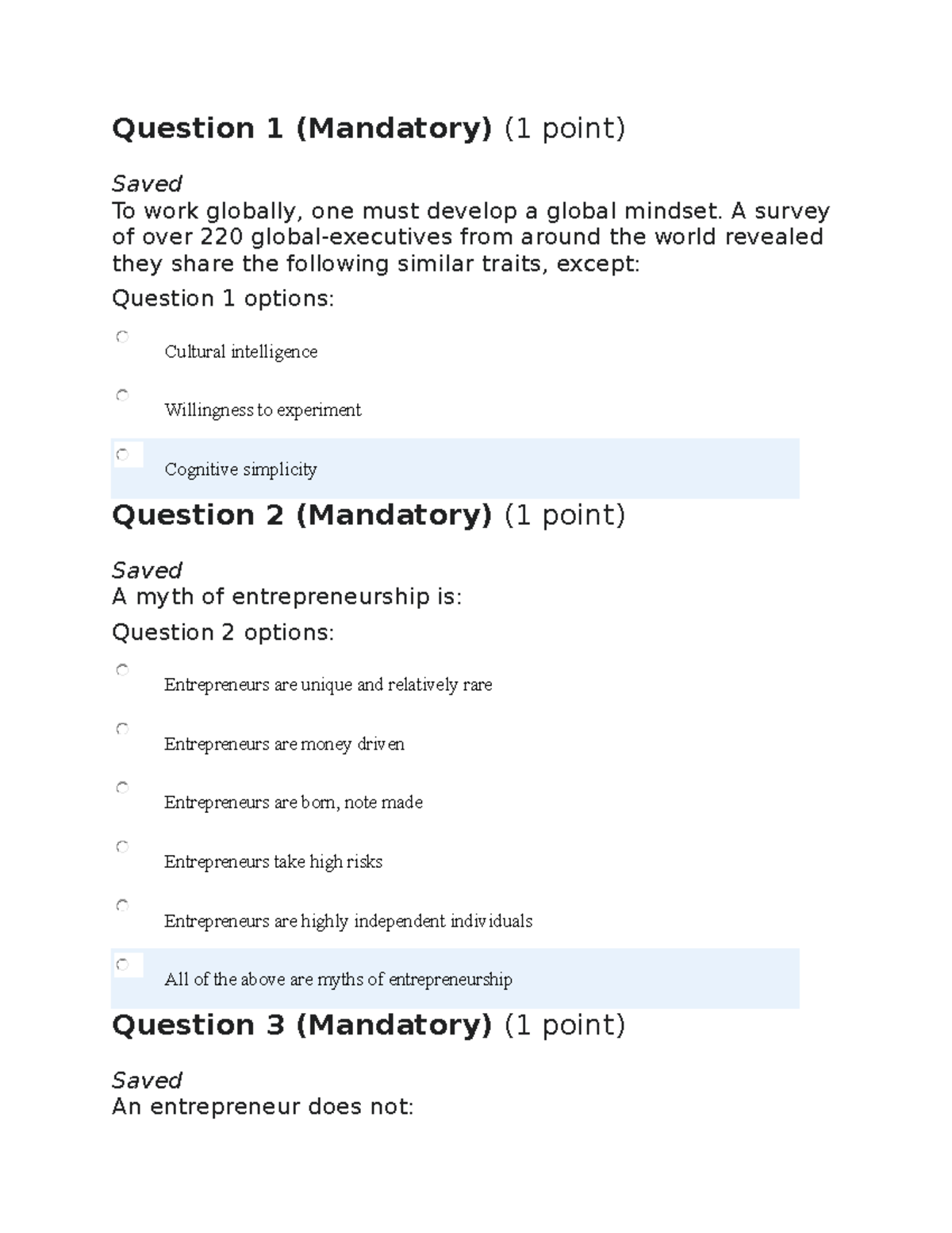 Global Business Quiz 1 - Questions & Answers - Studocu