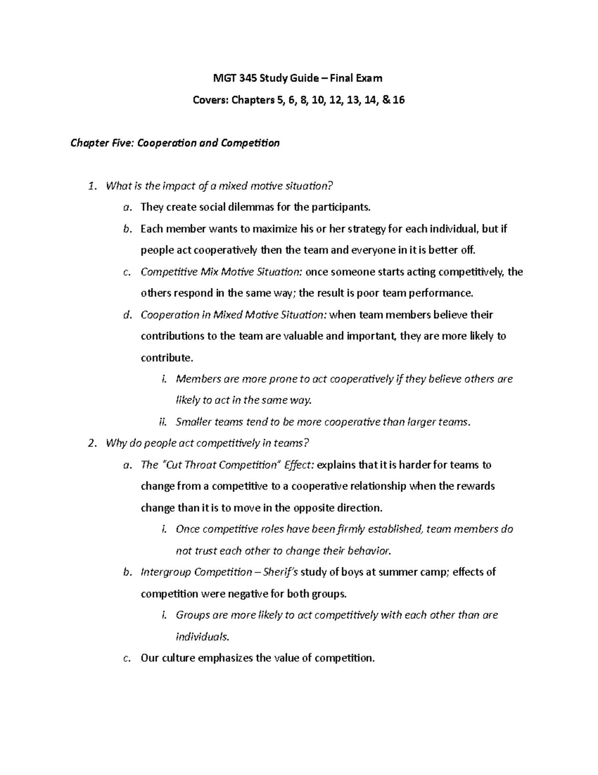 MGT 345 Final Exam Study Guide: Key Concepts from Selected Chapters ...