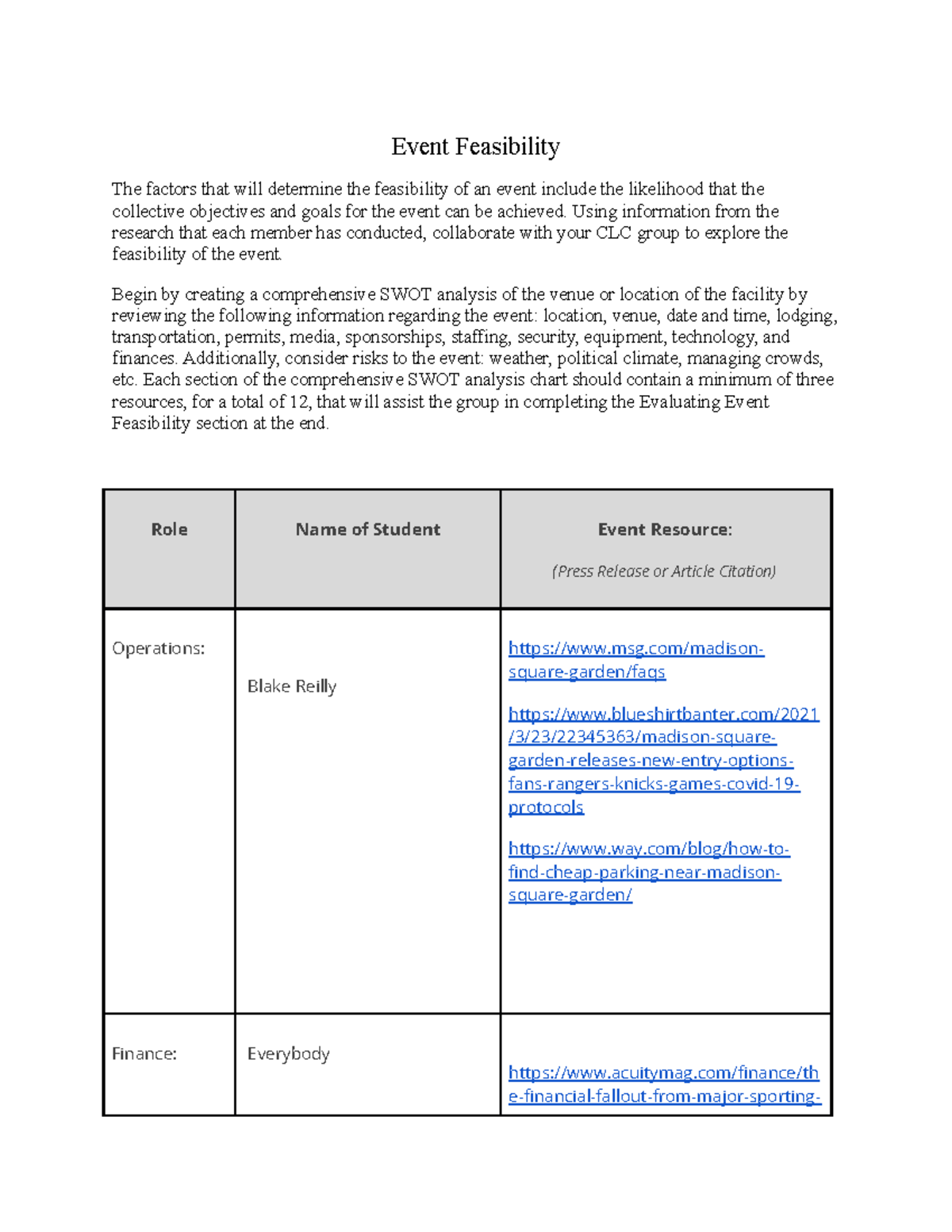 CLC- Event Feasability - Event Feasibility The factors that will ...