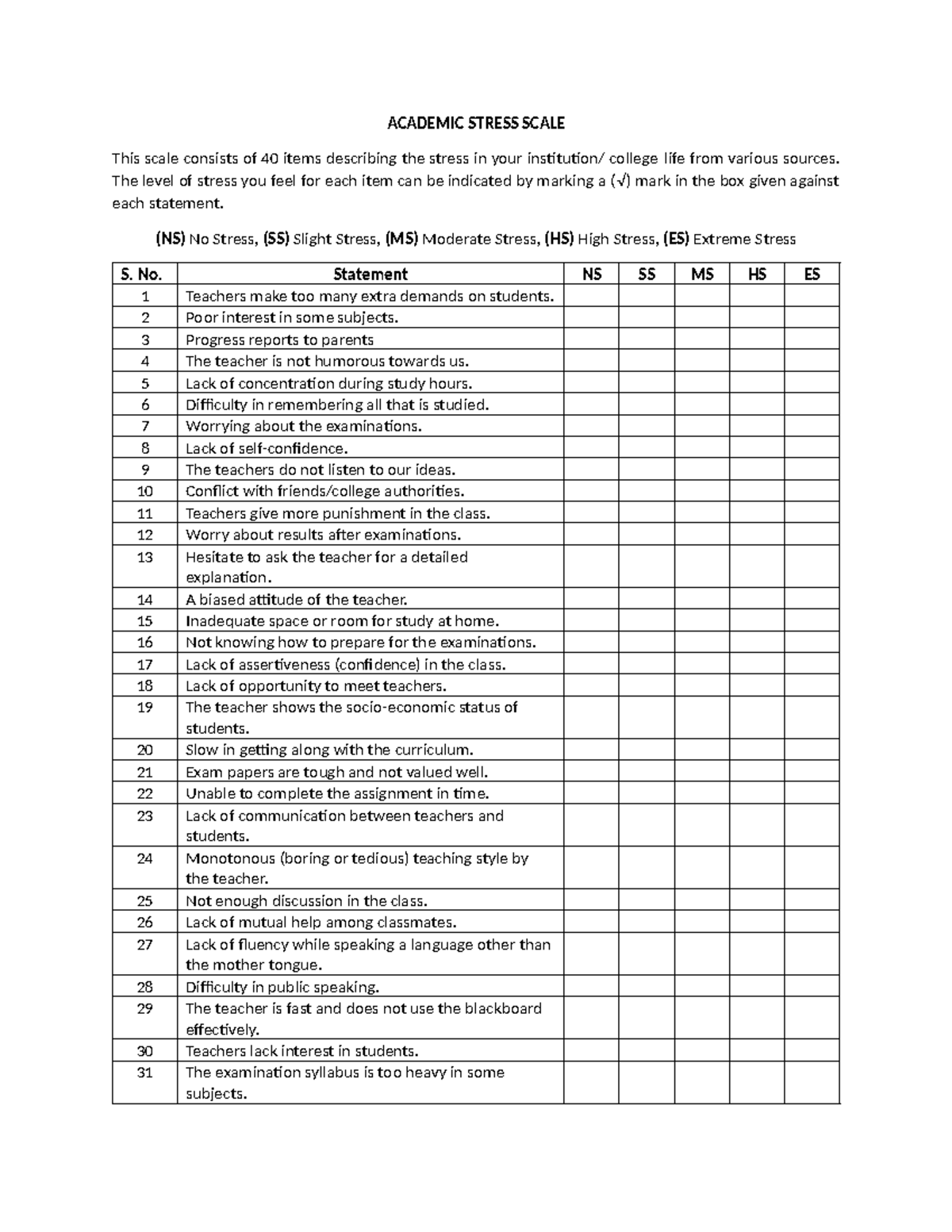Academic Stress Scale: Evaluating College Life Challenges - Studocu