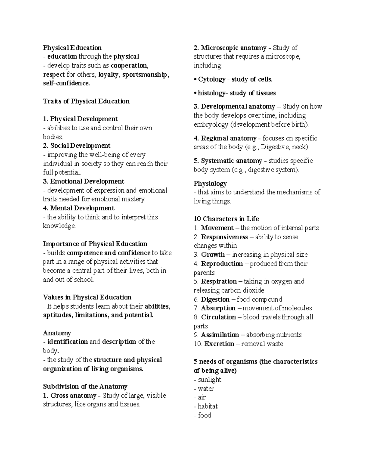 PE 101 - Physical Education and Anatomy Overview Notes - Studocu
