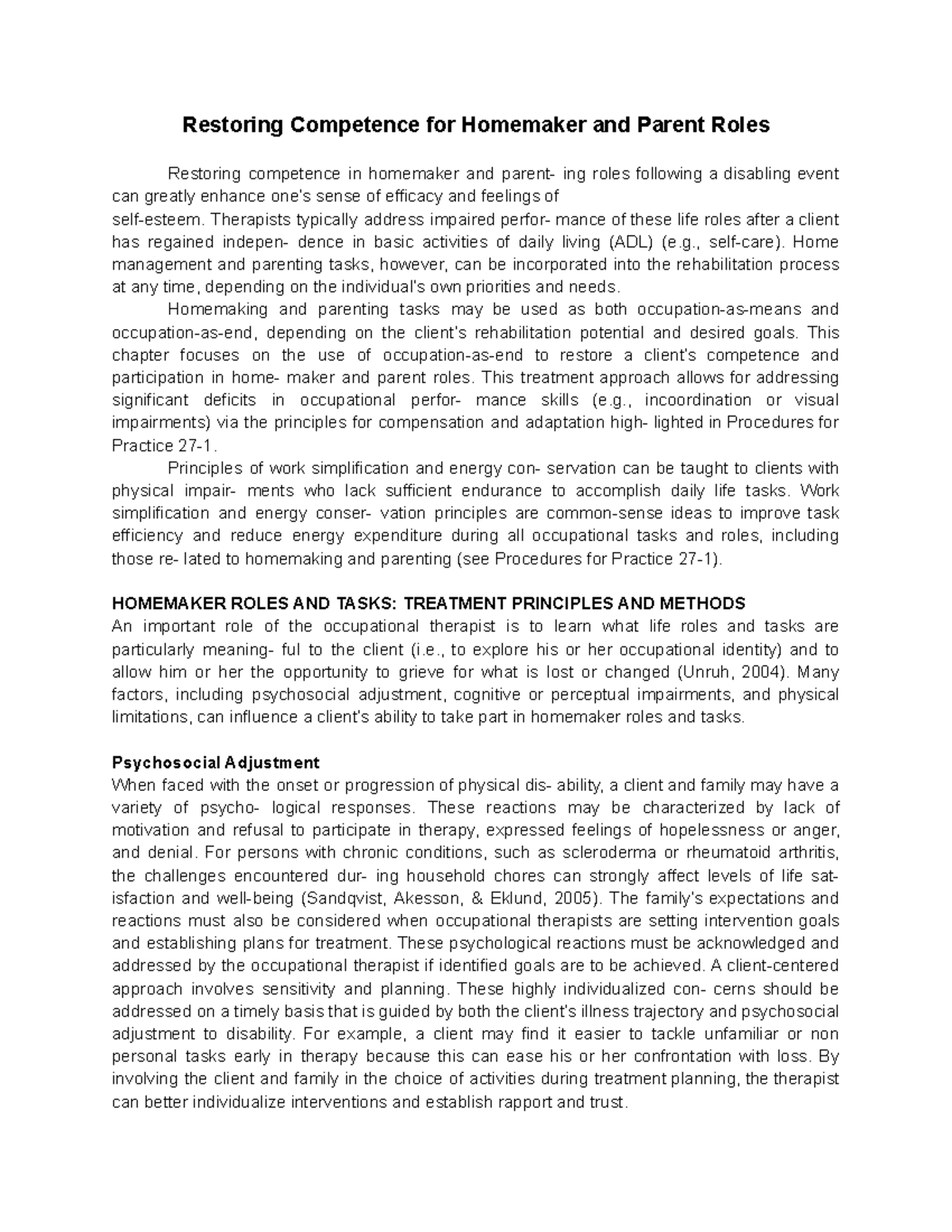 Restoring Competence in Homemaker Roles: Strategies & Techniques - Studocu