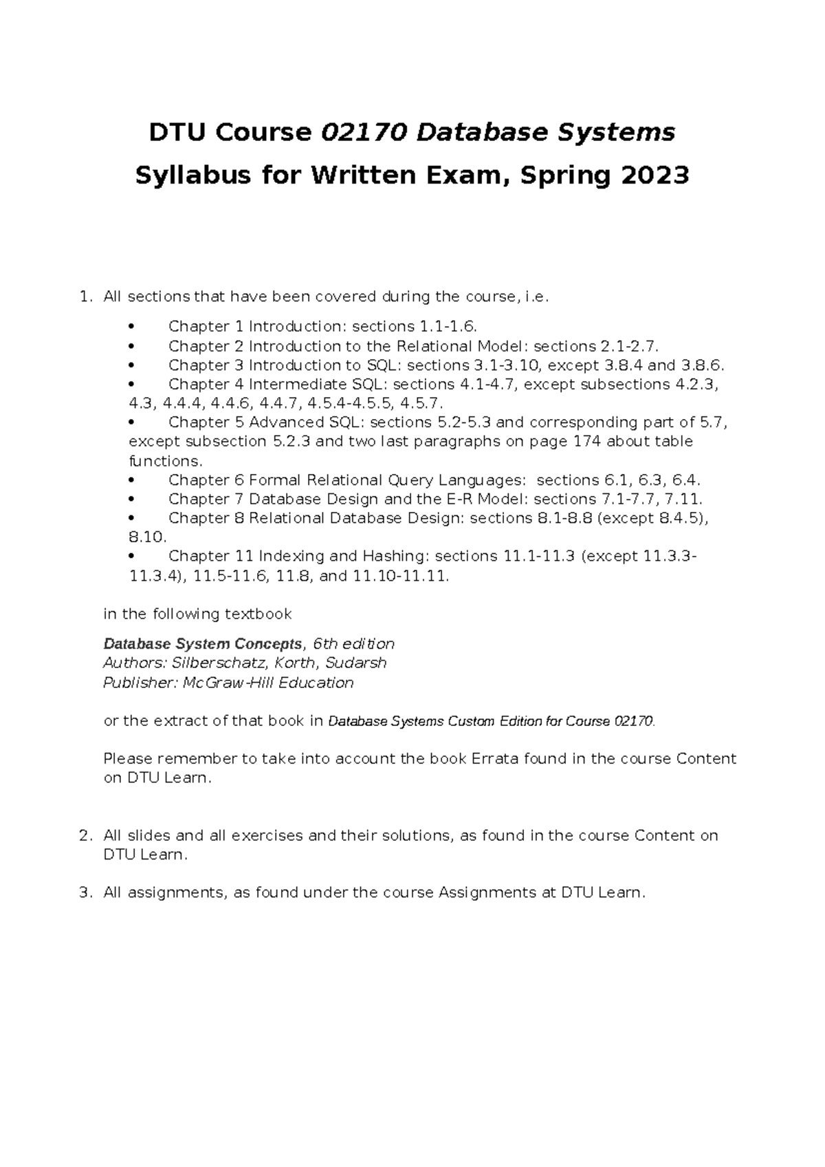 Syllabus for DTU Course 02170: Database Systems Written Exam Spring ...