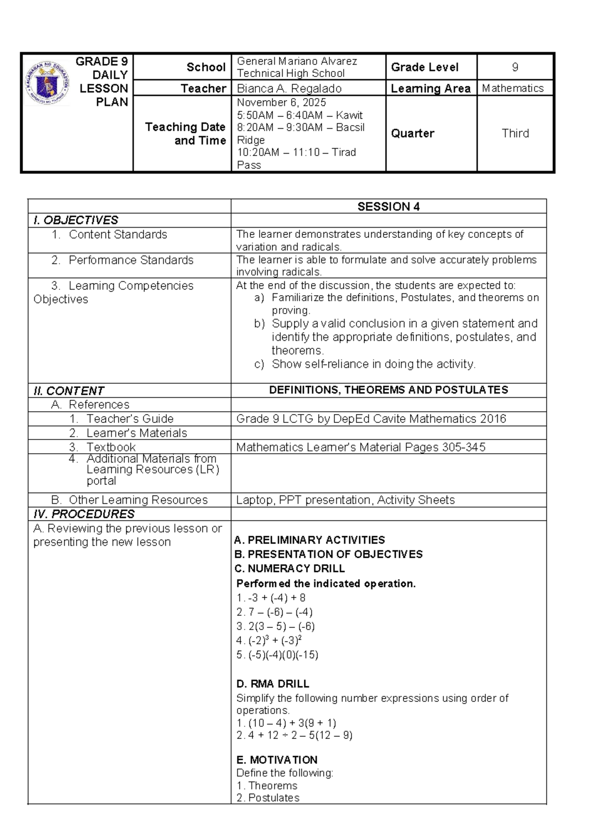GRADE 9 LCTG Daily Lesson Plan: Mathematics on Variation & Radicals ...