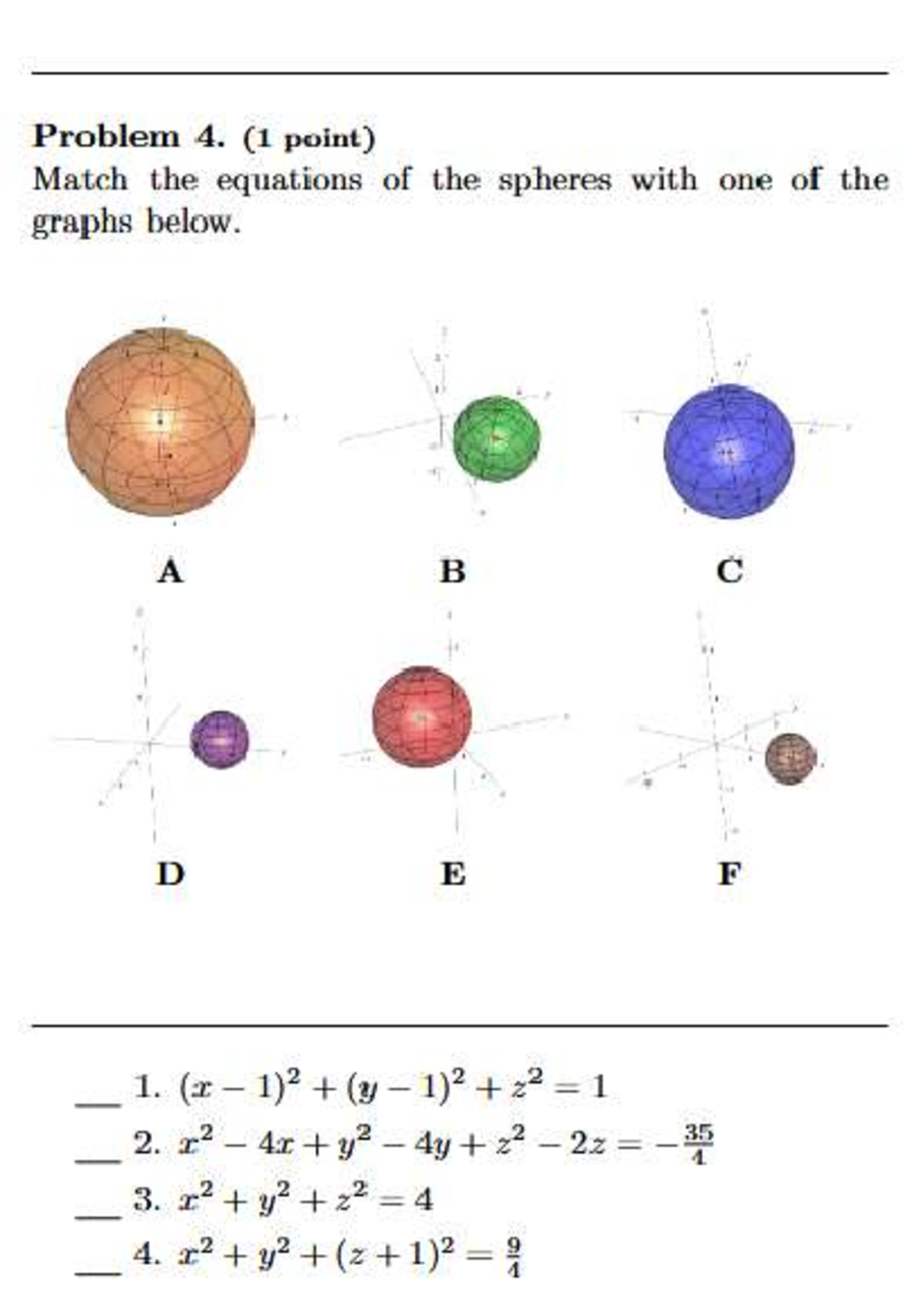 Practice Questions for Problem 4: Sphere Equations Matching - Studocu
