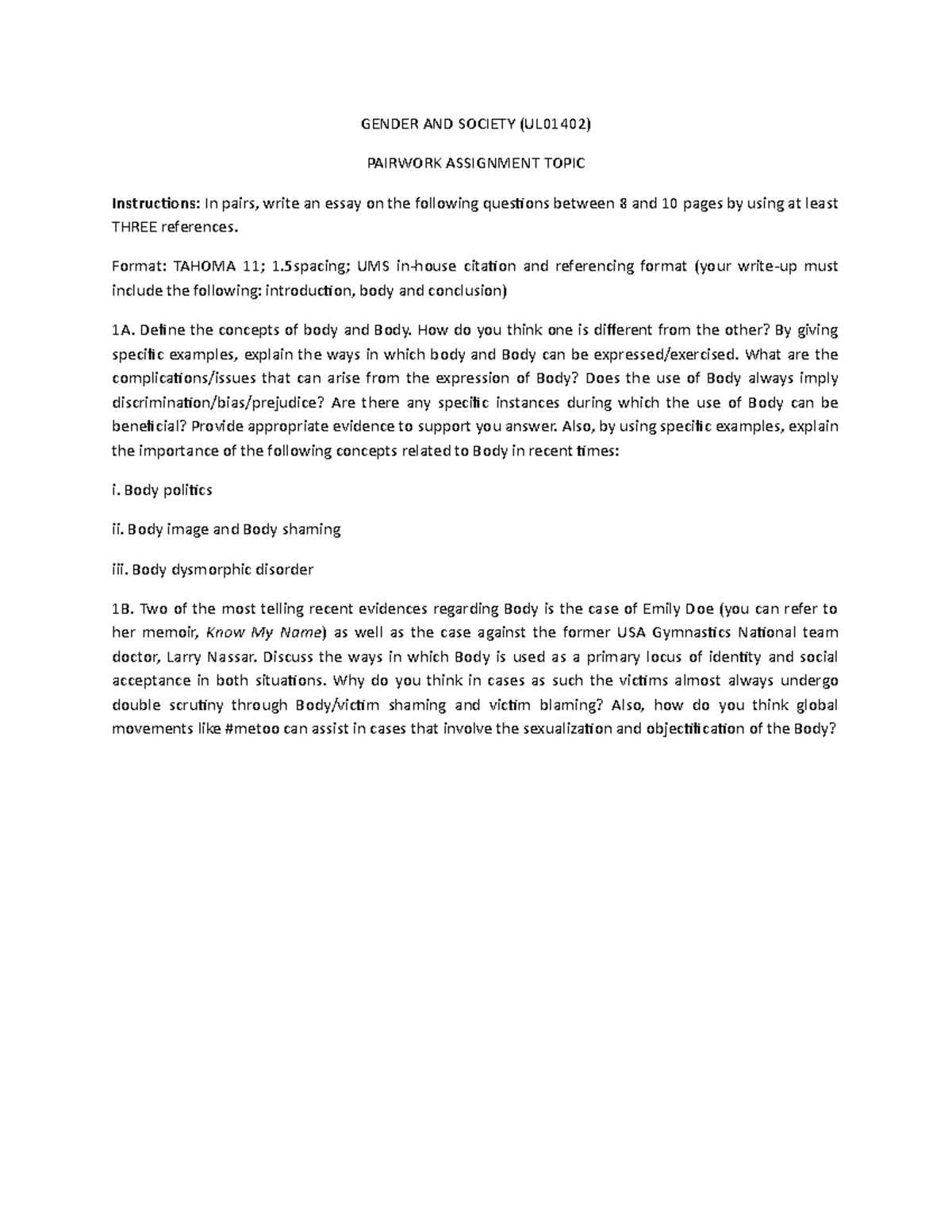 Pair work assignment topic - GENDER AND SOCIETY (UL01402) PAIRWORK ...
