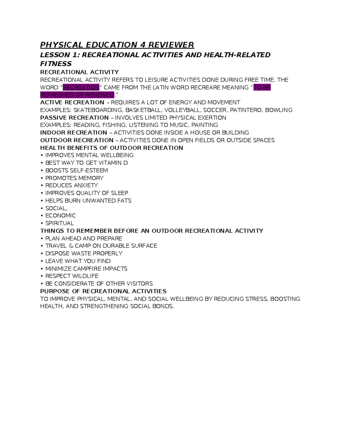 PE 4 Lesson 1: Recreational Activities & Health Benefits - Studocu