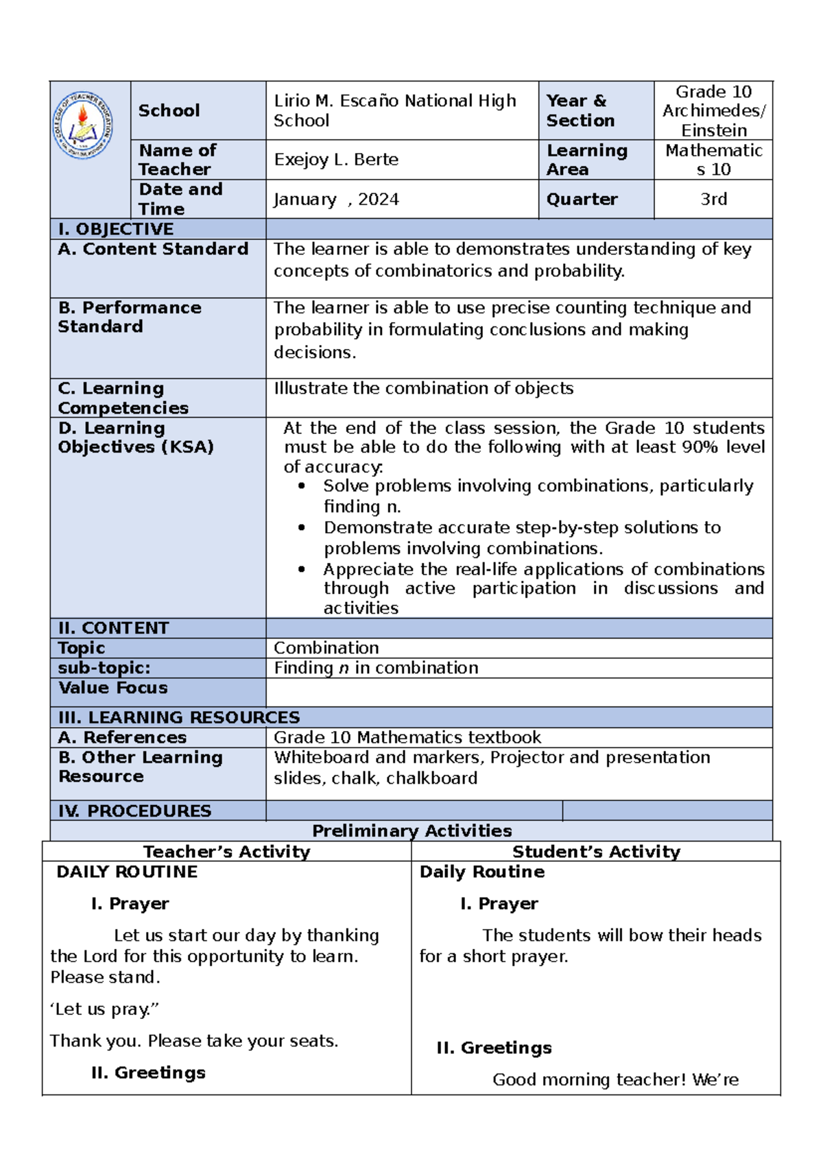 Lesson plan 5 finding n in combination - School Lirio M. Escaño ...