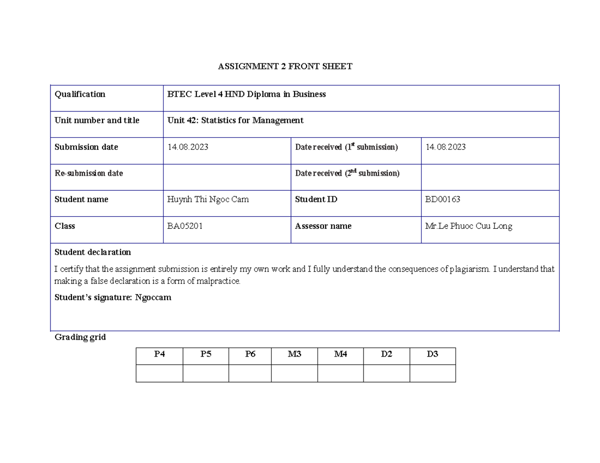 570BA05201-BD00163-ASM2 - ASSIGNMENT 2 FRONT SHEET Qualification BTEC ...