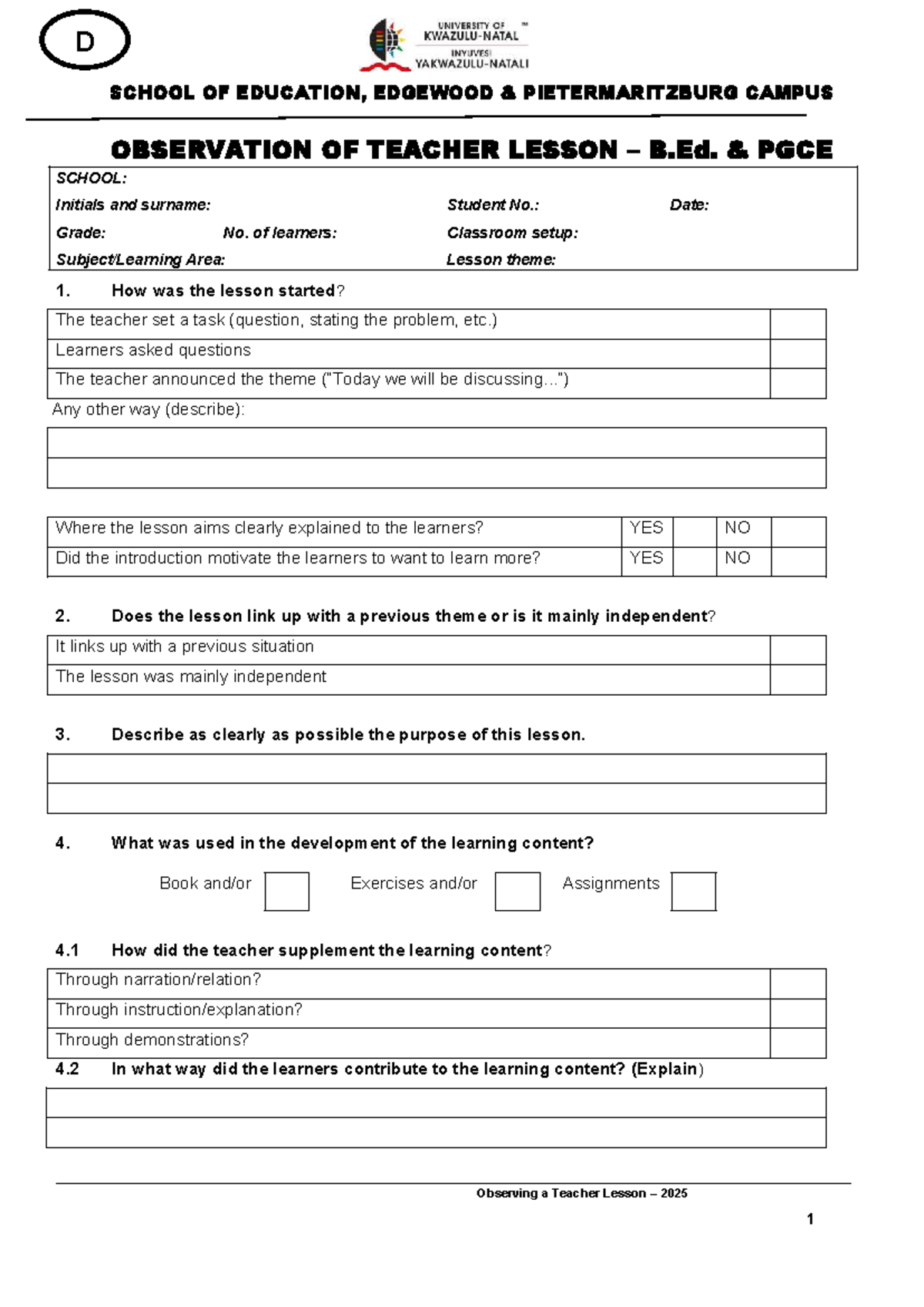 B.Ed. PGCE Observation of Teacher Lesson 2025 Report - Studocu