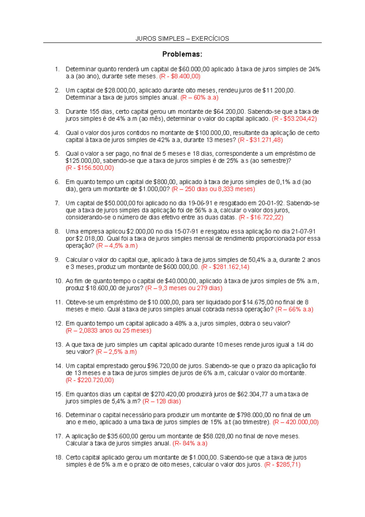 Lista de Exercícios de Juros Simples - Matemática Financeira - Studocu