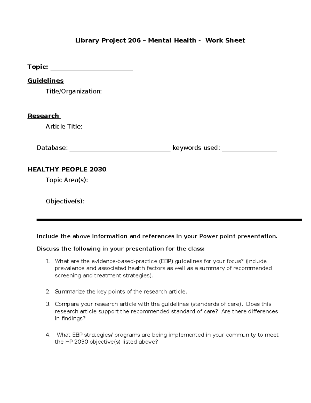 Library Project 206: Mental Health Worksheet and Presentation Guide ...