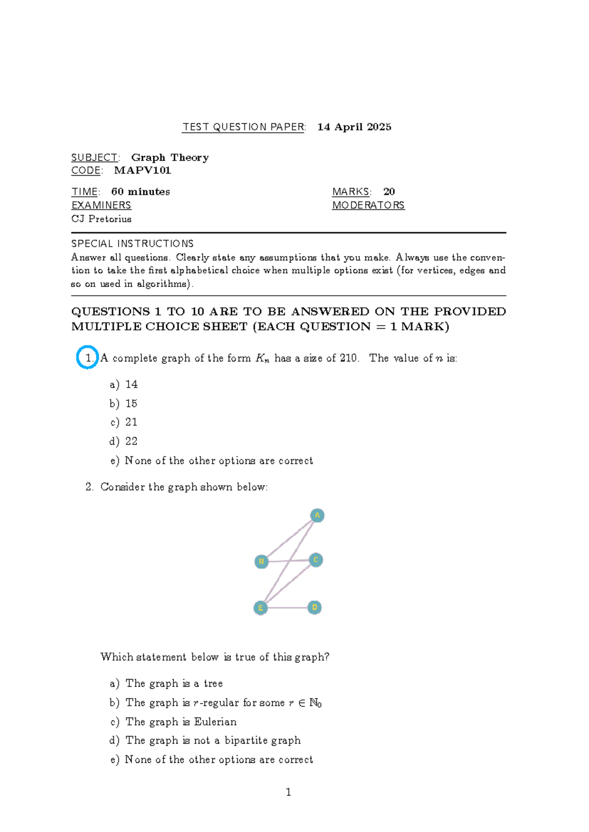 MAPV101: Graph Theory Test Questions - 14 April 2025 - Studocu