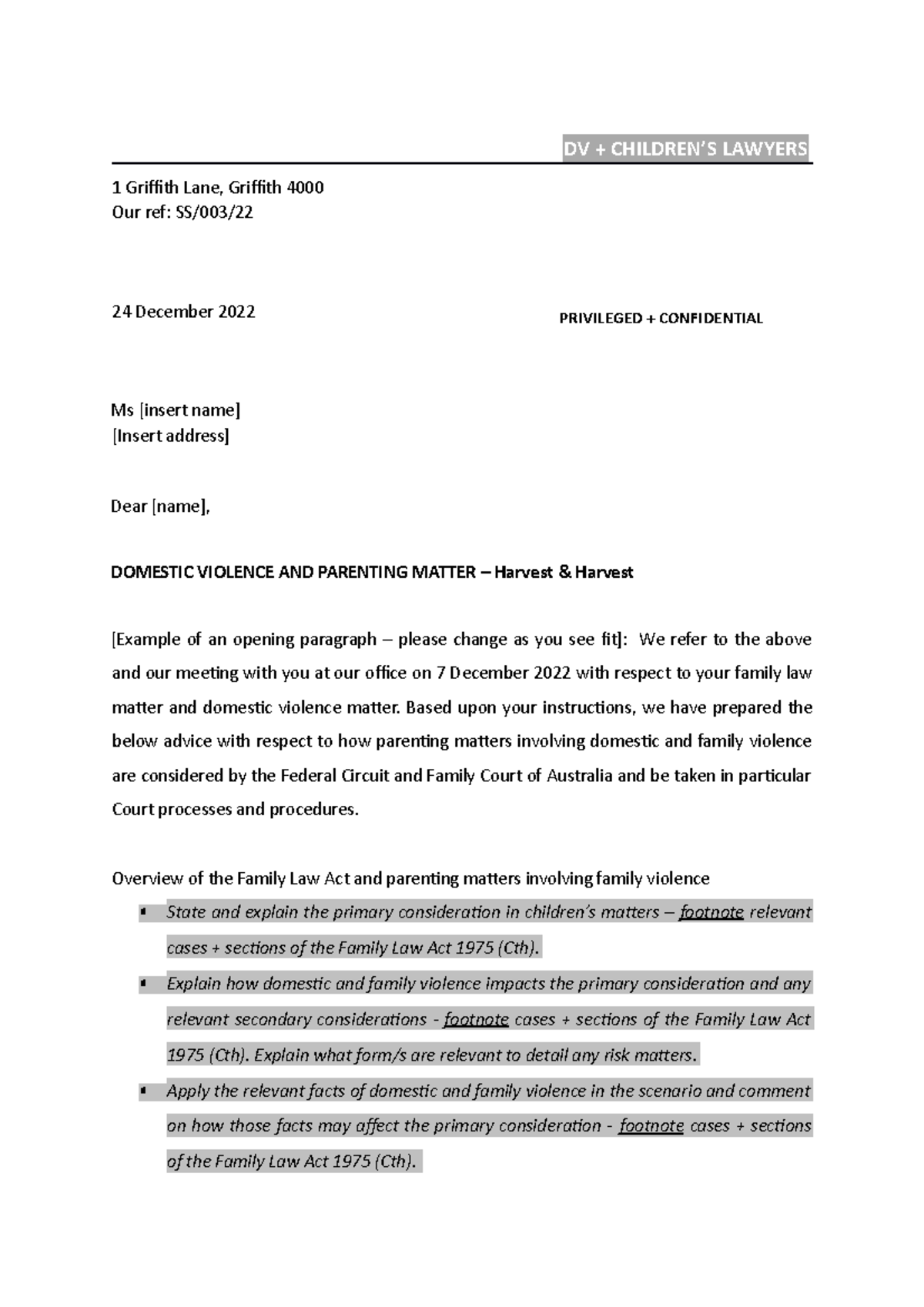 DV + CHILDREN'S LAW - Initial Letter Template for Client Guidance - Studocu