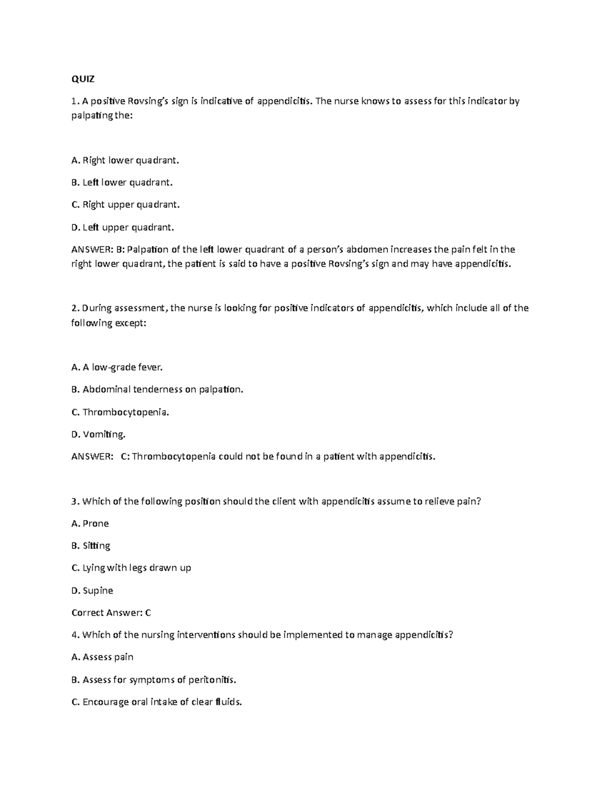 QUIZ - Assessing Rovsing's Sign and Appendicitis Indicators - Studocu