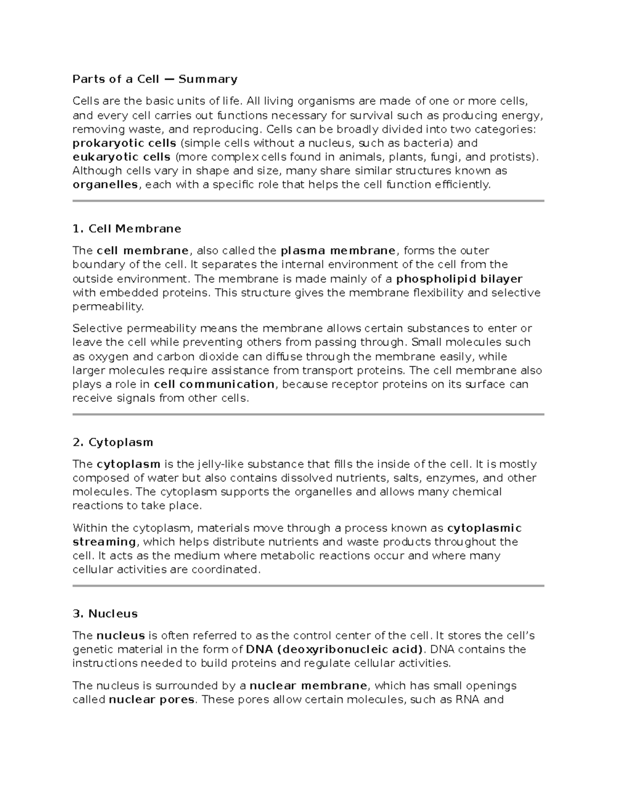 Cell Structure Summary: Key Components of a Cell - Studocu