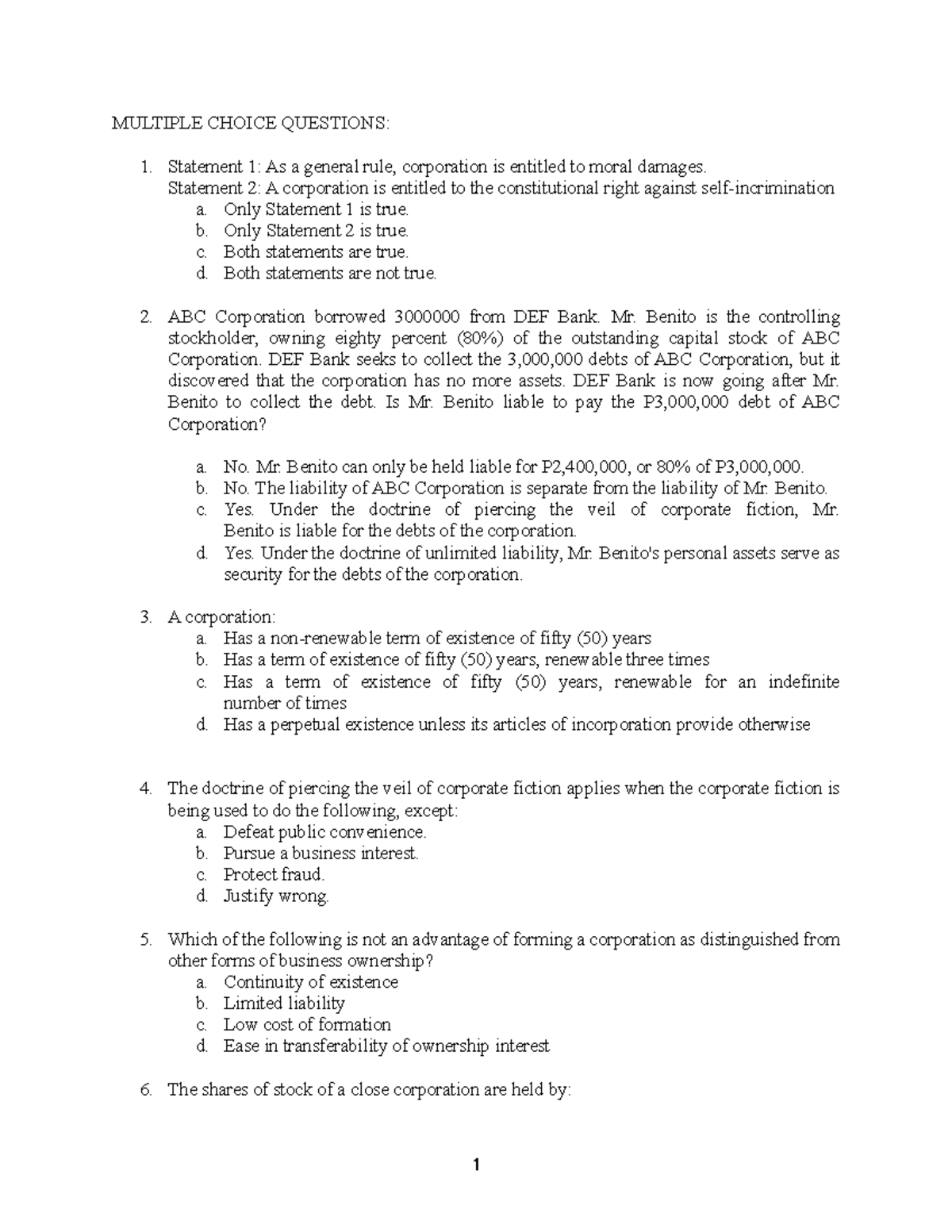 Corp Law 101: MCQ Exercises for Comprehensive Exam Preparation - Studocu