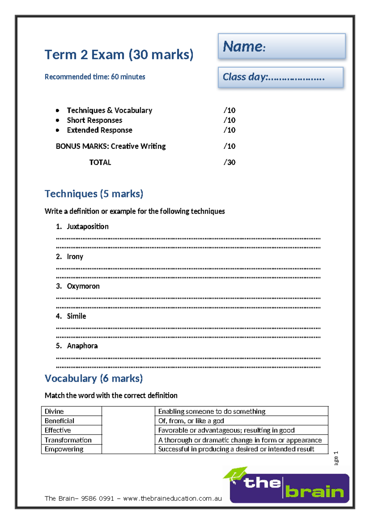 Yr 7 and 8 t2 exam - english - Page 1 Term 2 Exam (30 marks ...