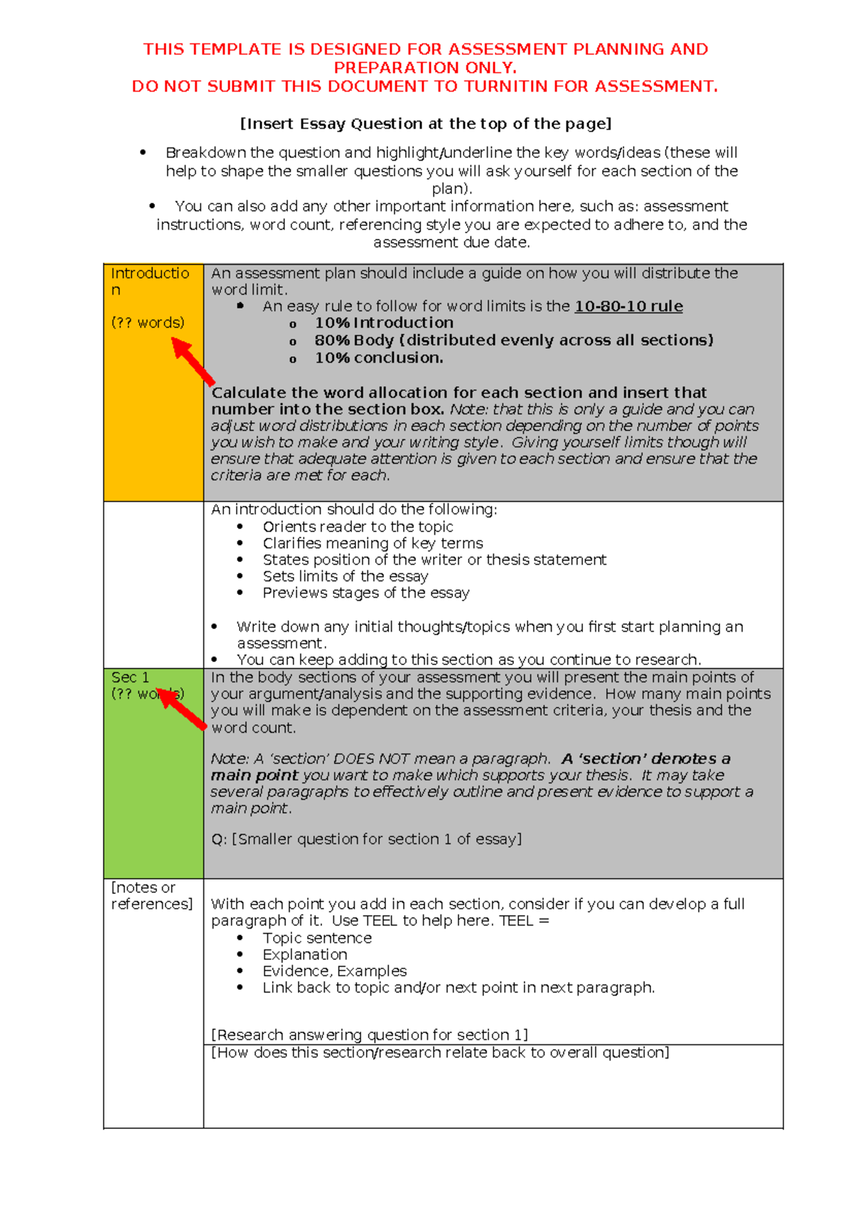 Assessment Planning Guide Template for Essay Preparation - Studocu