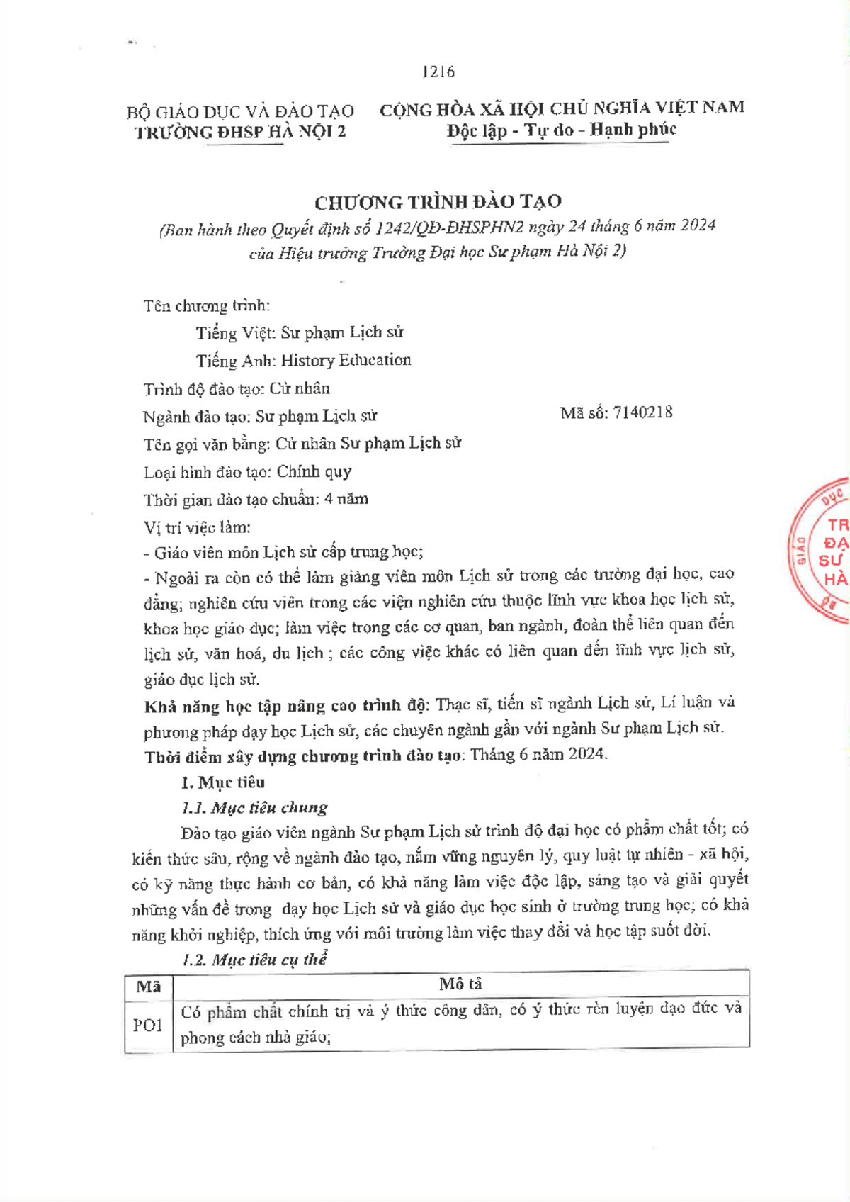 1216 Chương Trình Đào Tạo Cử Nhân Sư Phạm Lịch Sử - Mã 7140218 - Studocu