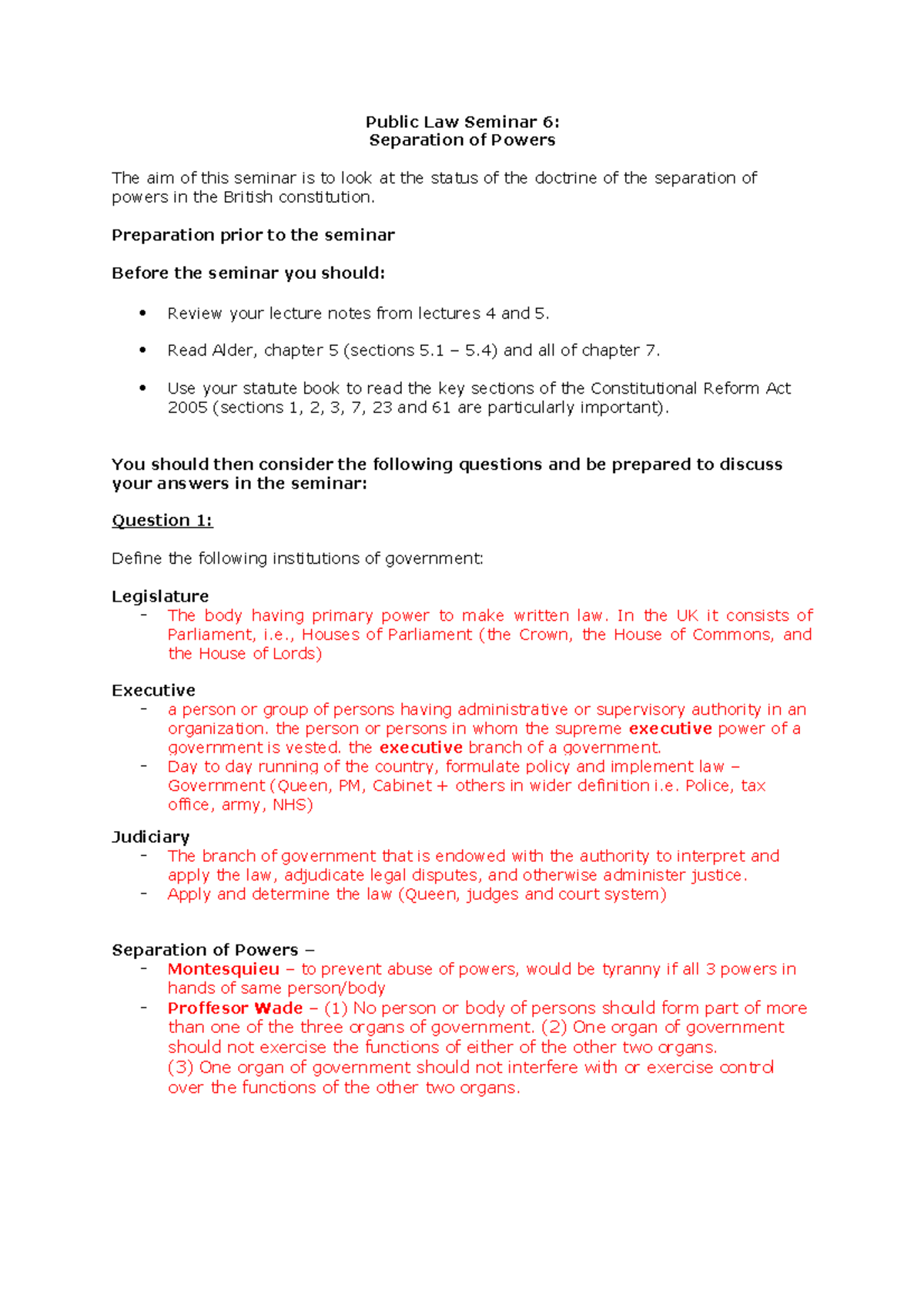 Public Law Seminar 6: Separation of Powers - Studocu