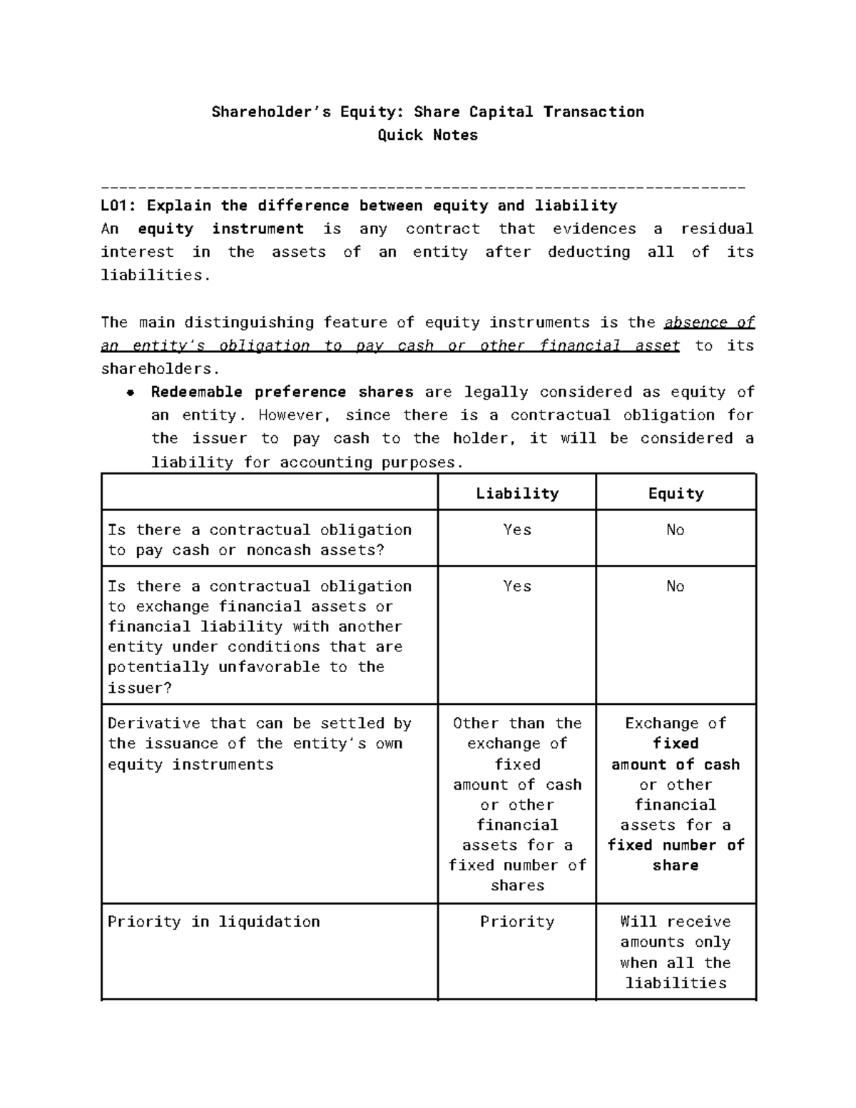 Shareholder's Equity Share Capital Transactions - Shareholder’s Equity ...