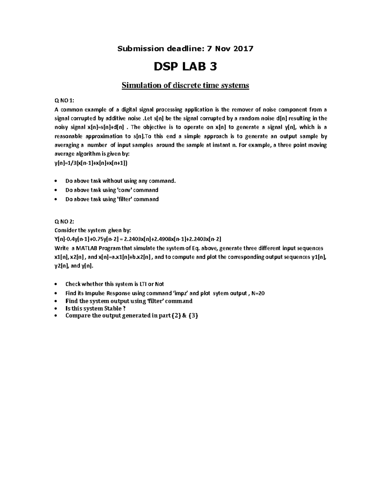 DSP Lab 3: Simulation of Discrete Time Systems and Noise Removal - Studocu