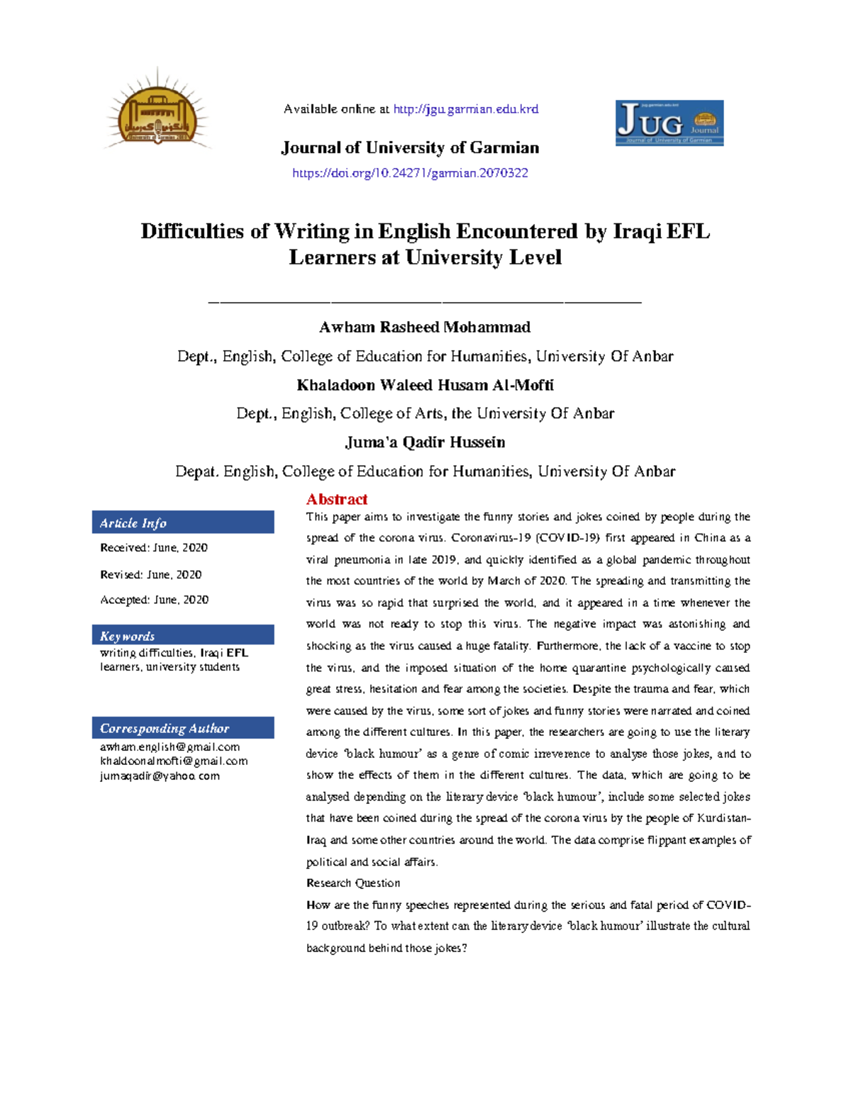 Difficulties of Writing in English for Iraqi EFL Learners: A Study ...