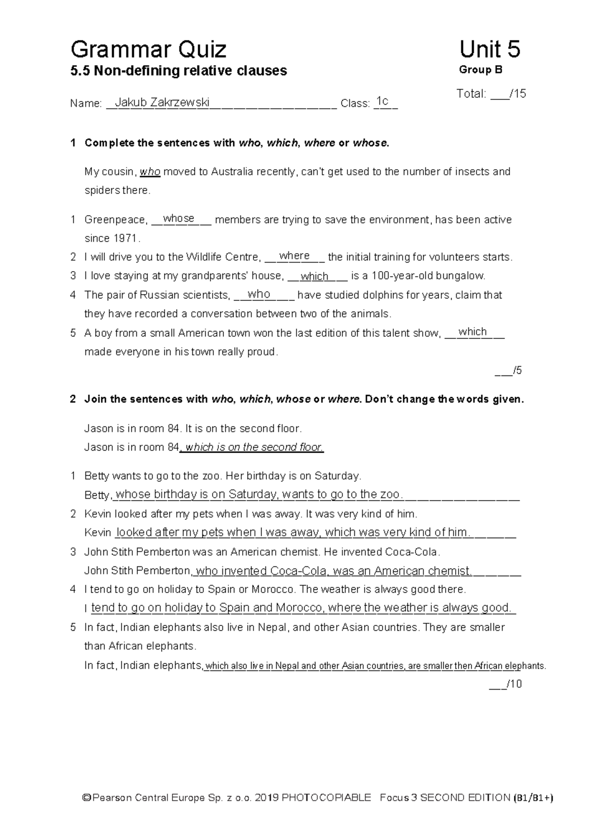 Focus 3 2E Grammar Quiz: Non-defining Relative Clauses Unit 5 - Studocu